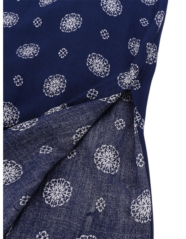 Plus Size Sexy Women V-neck Ornate Print Slit Side Half Sleeve Dresses