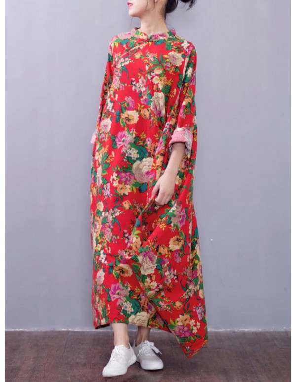 Plus Size Vintage Women Floral Printed Long Sleeves Maxi Dress