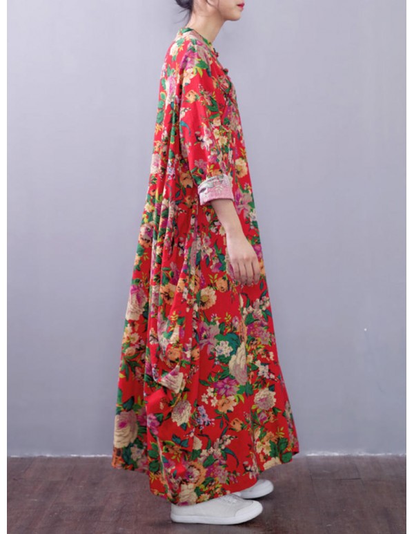 Plus Size Vintage Women Floral Printed Long Sleeves Maxi Dress