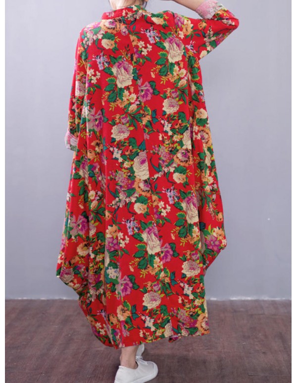 Plus Size Vintage Women Floral Printed Long Sleeves Maxi Dress