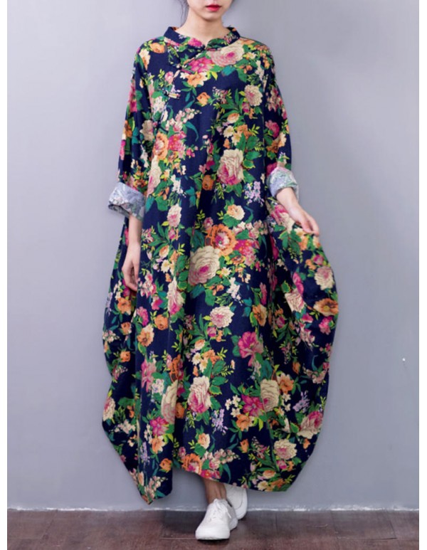 Plus Size Vintage Women Floral Printed Long Sleeves Maxi Dress