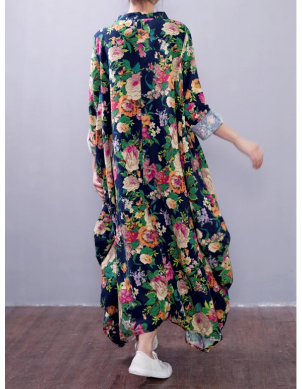 Plus Size Vintage Women Floral Printed Long Sleeves Maxi Dress