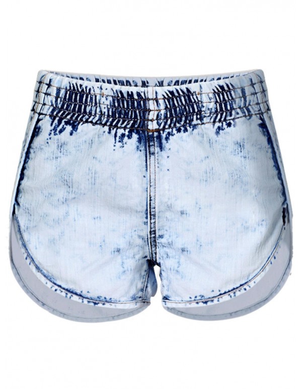 Casual Women Elastic Waist Irregular Denim Shorts with Pocket