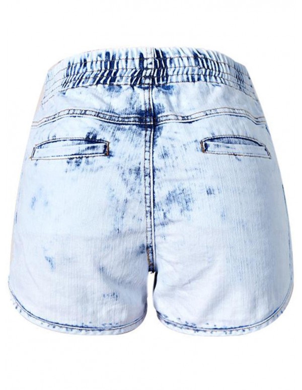 Casual Women Elastic Waist Irregular Denim Shorts with Pocket