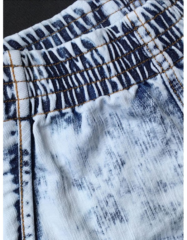Casual Women Elastic Waist Irregular Denim Shorts with Pocket