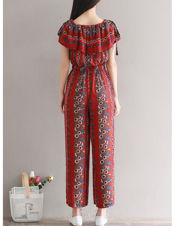 Women Bohemian Printed Jumpsuit Off Shoulder Falbala Chiffon Jumpsuits