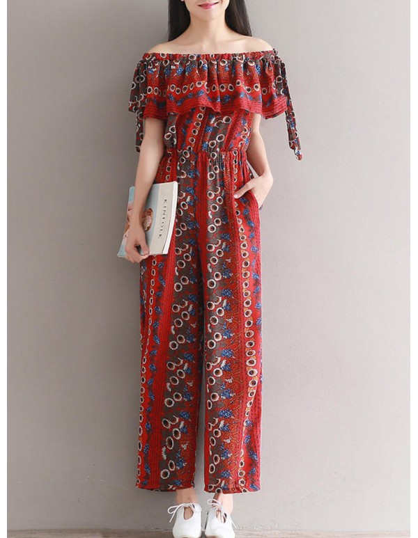 Women Bohemian Printed Jumpsuit Off Shoulder Falbala Chiffon Jumpsuits