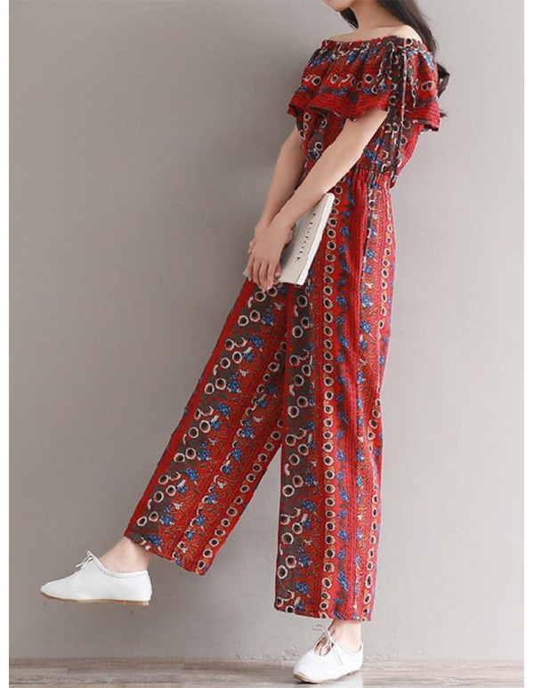 Women Bohemian Printed Jumpsuit Off Shoulder Falbala Chiffon Jumpsuits