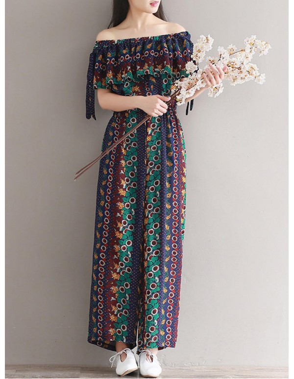 Women Bohemian Printed Jumpsuit Off Shoulder Falbala Chiffon Jumpsuits