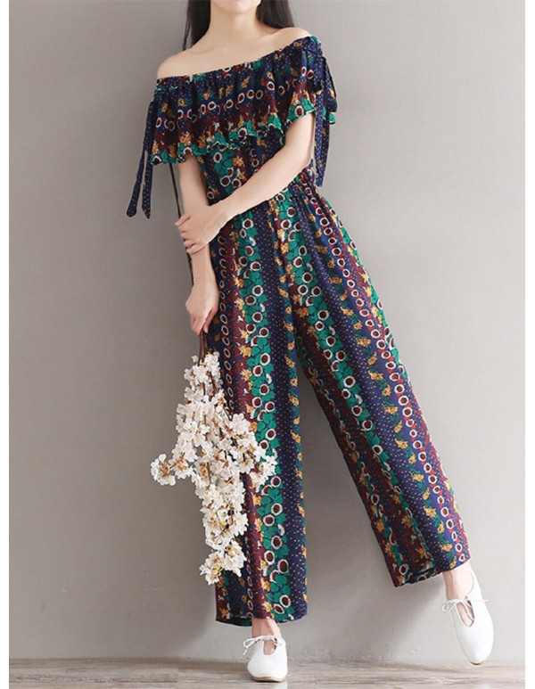 Women Bohemian Printed Jumpsuit Off Shoulder Falbala Chiffon Jumpsuits