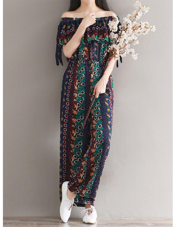 Women Bohemian Printed Jumpsuit Off Shoulder Falbala Chiffon Jumpsuits