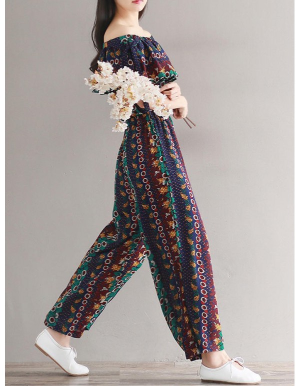 Women Bohemian Printed Jumpsuit Off Shoulder Falbala Chiffon Jumpsuits