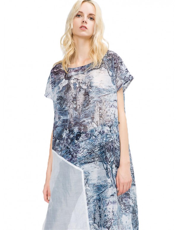 Plus Size Hot Sale Women Elegant Asymmetrical Organza Dress Long Print Dress