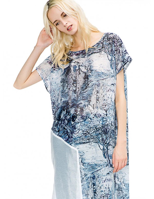 Plus Size Hot Sale Women Elegant Asymmetrical Organza Dress Long Print Dress