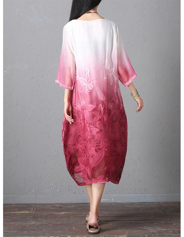 Retro Brand Gradient Dye Print Dress Color Embroidery Half Sleeve Linen Dress