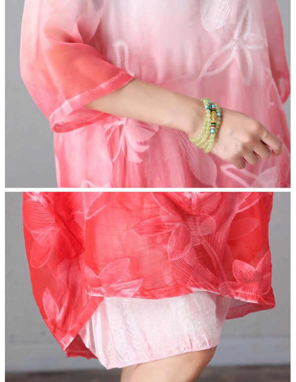 Retro Brand Gradient Dye Print Dress Color Embroidery Half Sleeve Linen Dress