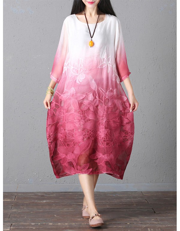 Retro Brand Gradient Dye Print Dress Color Embroidery Half Sleeve Linen Dress