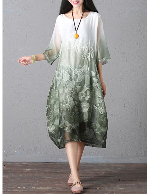 Retro Brand Gradient Dye Print Dress Color Embroidery Half Sleeve Linen Dress