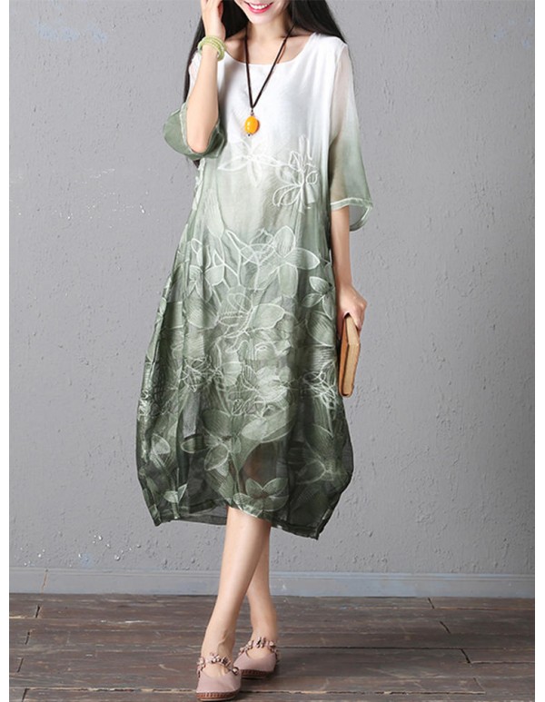 Retro Brand Gradient Dye Print Dress Color Embroidery Half Sleeve Linen Dress