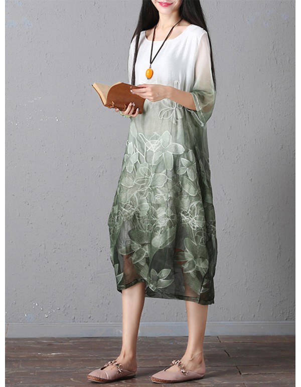Retro Brand Gradient Dye Print Dress Color Embroidery Half Sleeve Linen Dress