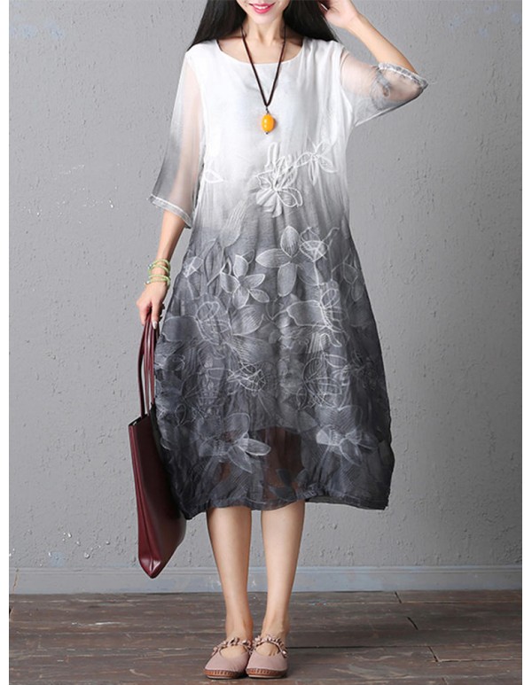 Retro Brand Gradient Dye Print Dress Color Embroidery Half Sleeve Linen Dress