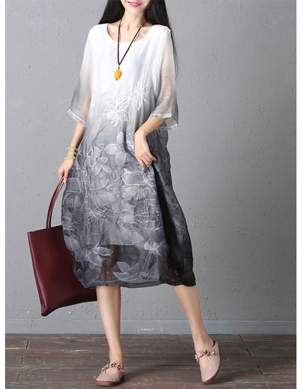 Retro Brand Gradient Dye Print Dress Color Embroidery Half Sleeve Linen Dress