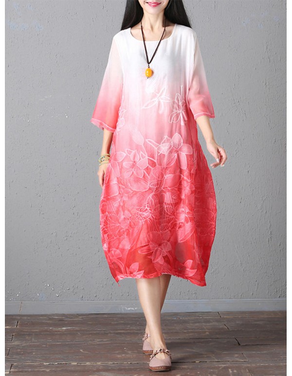 Retro Brand Gradient Dye Print Dress Color Embroidery Half Sleeve Linen Dress