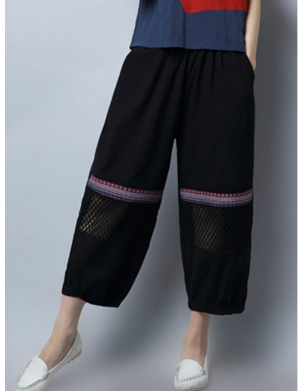 Plus Size Vintage Women Loose Embroidery Mesh Splicing Pants