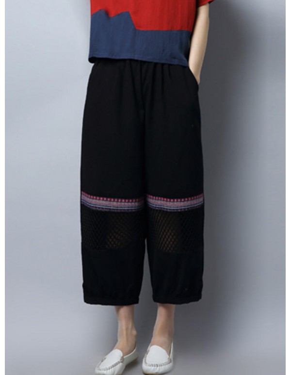 Plus Size Vintage Women Loose Embroidery Mesh Splicing Pants