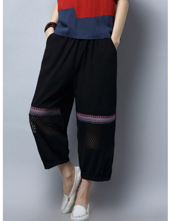 Plus Size Vintage Women Loose Embroidery Mesh Splicing Pants