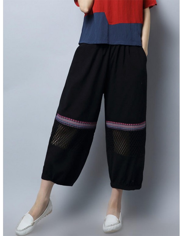 Plus Size Vintage Women Loose Embroidery Mesh Splicing Pants