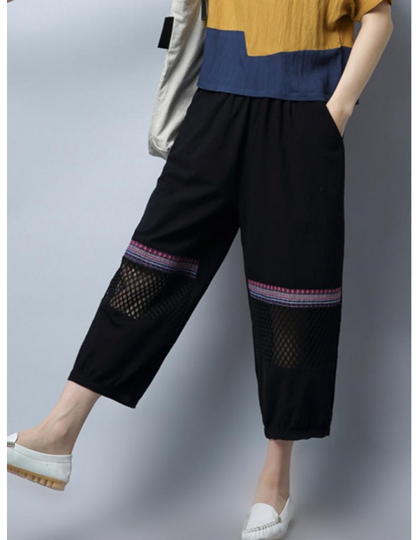 Plus Size Vintage Women Loose Embroidery Mesh Splicing Pants