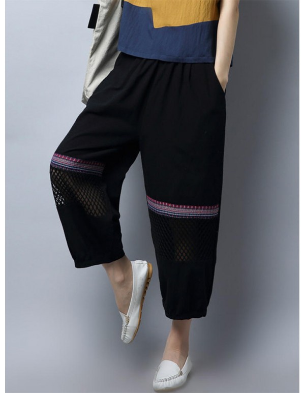 Plus Size Vintage Women Loose Embroidery Mesh Splicing Pants