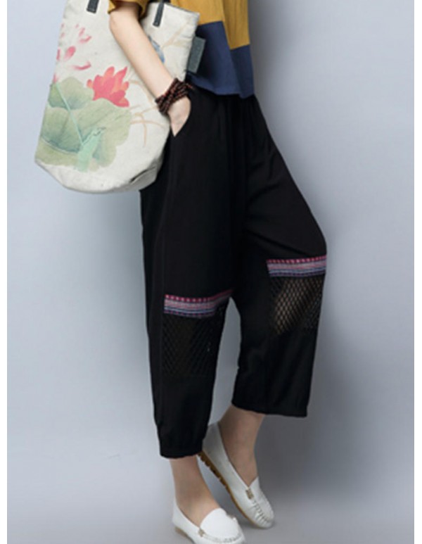 Plus Size Vintage Women Loose Embroidery Mesh Splicing Pants
