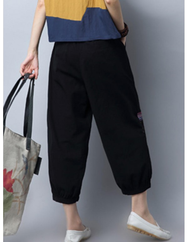 Plus Size Vintage Women Loose Embroidery Mesh Splicing Pants
