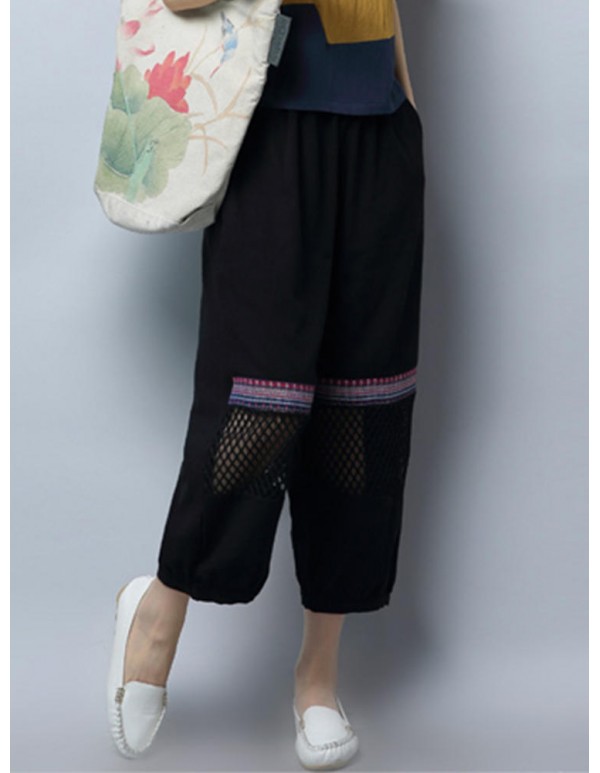Plus Size Vintage Women Loose Embroidery Mesh Splicing Pants