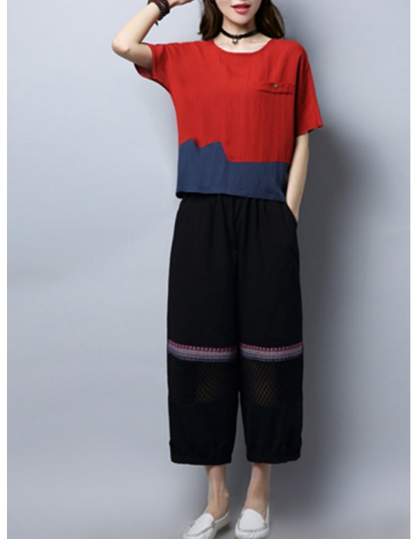 Plus Size Vintage Women Loose Embroidery Mesh Splicing Pants