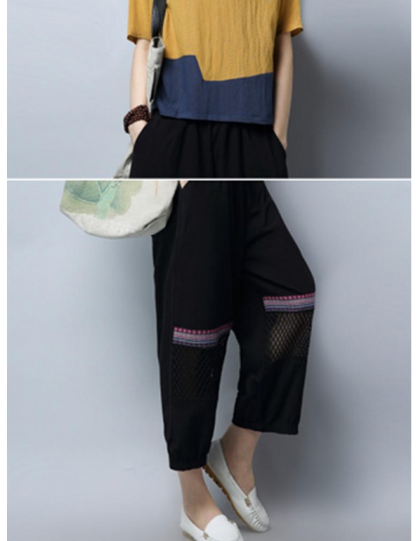 Plus Size Vintage Women Loose Embroidery Mesh Splicing Pants
