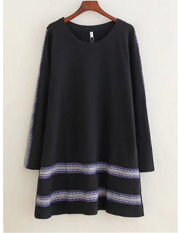 Plus Size Vintage Women Embroidery O-Neck Long Sleeve Dresses