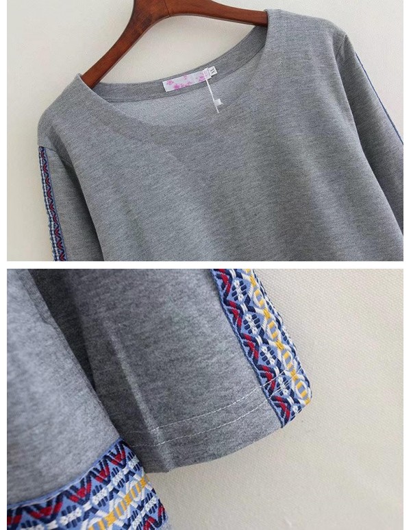 Plus Size Vintage Women Embroidery O-Neck Long Sleeve Dresses