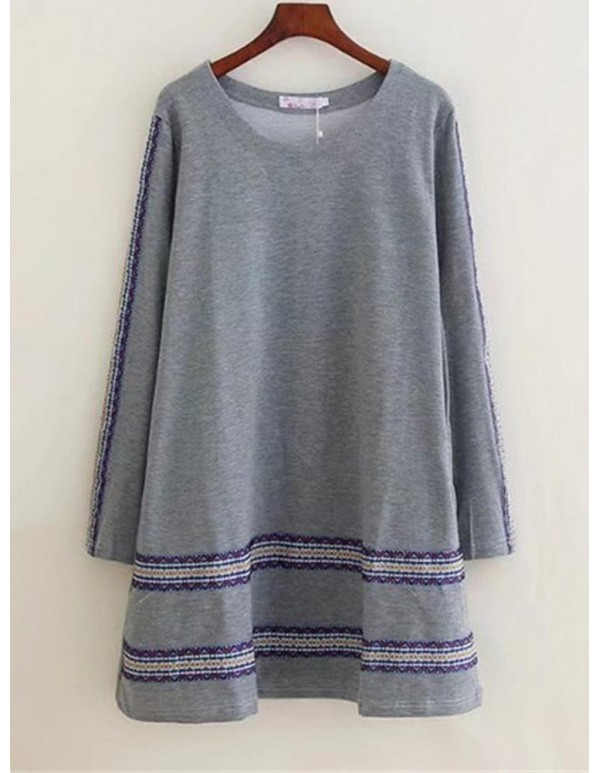 Plus Size Vintage Women Embroidery O-Neck Long Sleeve Dresses