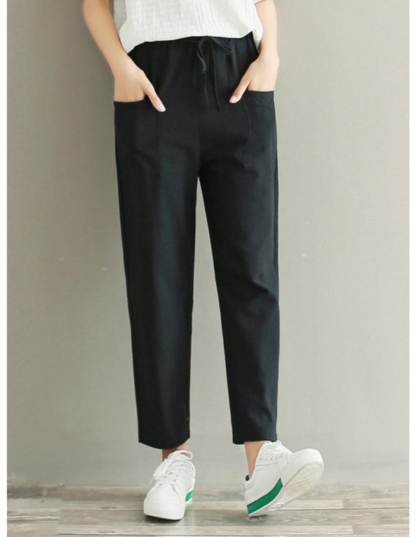 Plus Size Casual Women Pure Color Loose Elastic Waist Pants