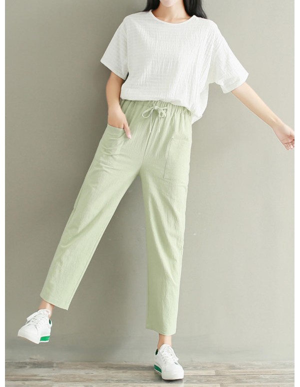 Plus Size Casual Women Pure Color Loose Elastic Waist Pants