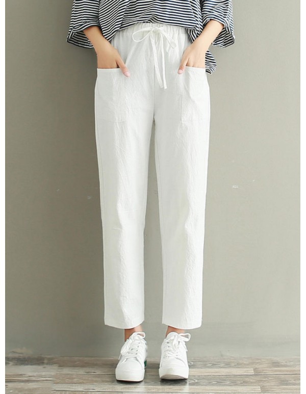 Plus Size Casual Women Pure Color Loose Elastic Waist Pants