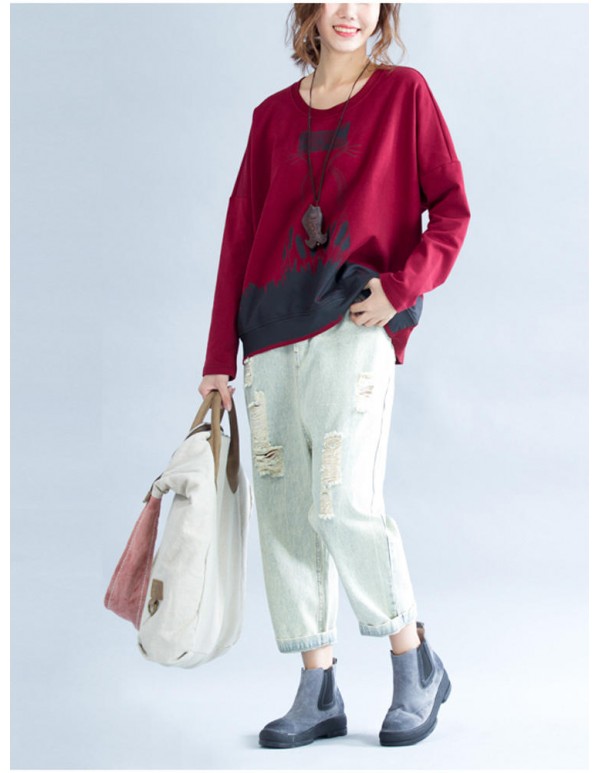 Casual Women Cute Cat Printed Sweatshirt Long Sleeve Shirts
