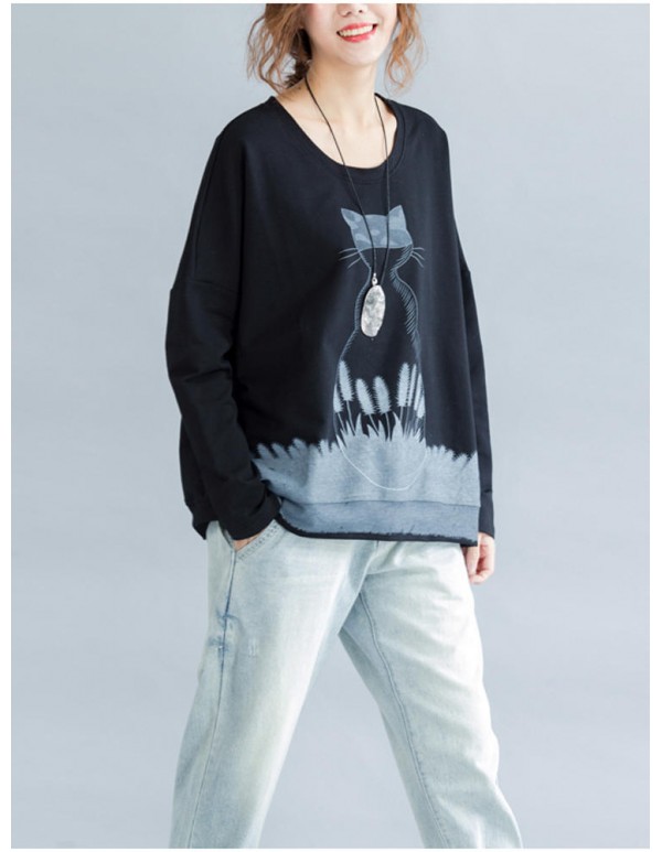 Casual Women Cute Cat Printed Sweatshirt Long Sleeve Shirts