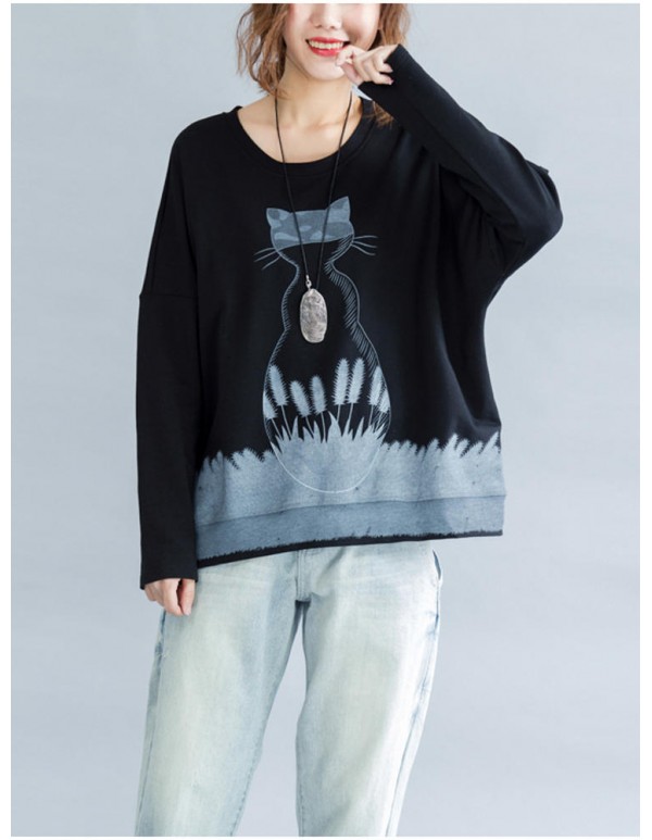 Casual Women Cute Cat Printed Sweatshirt Long Sleeve Shirts