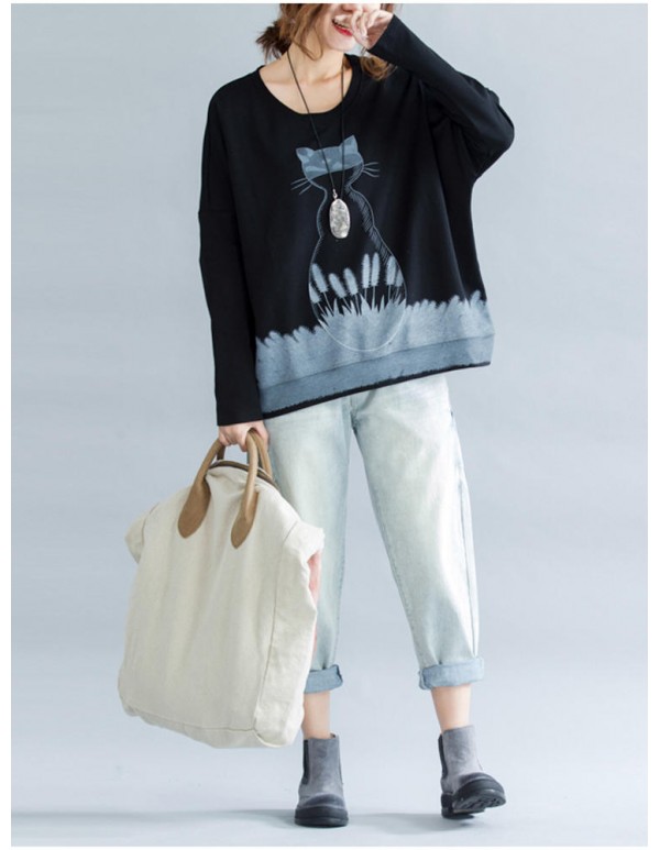 Casual Women Cute Cat Printed Sweatshirt Long Sleeve Shirts
