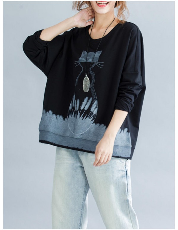Casual Women Cute Cat Printed Sweatshirt Long Sleeve Shirts