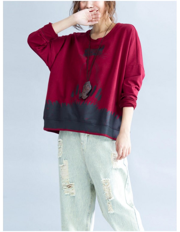 Casual Women Cute Cat Printed Sweatshirt Long Sleeve Shirts
